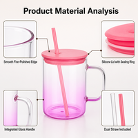 Mug en verre à dégradé personnalisé avec couvercle en silicone et paille, gobelet à poignée en verre, impression intégrale, OEM, 6 couleurs, cadeau en gros