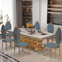 Table et chaises de salle à manger en marbre de luxe léger, plateau en marbre artificiel, acier inoxydable, table et chaises de salle à manger en marbre de luxe léger