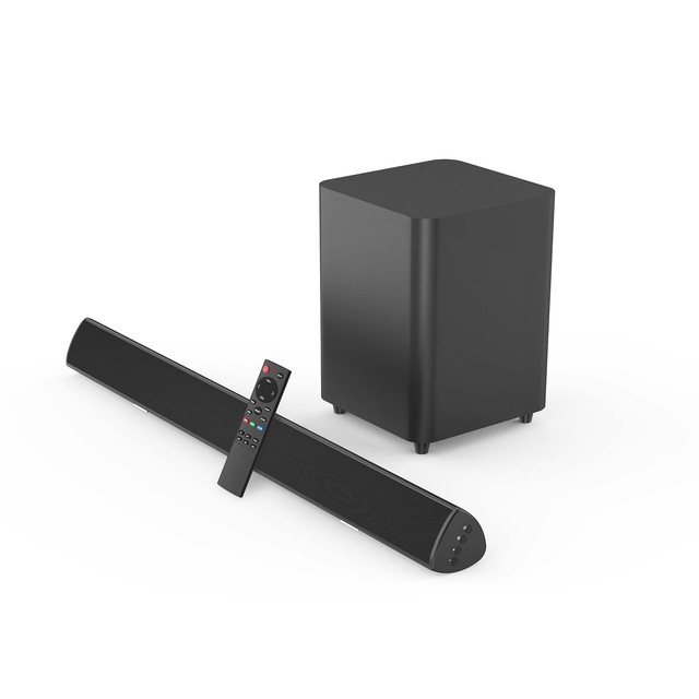 SQ02F 2.1 Channel Wired Soundbar Subwoofer 80W RMS Power for 5 Speakers Bass Boost for TV/FM Radio ABS+Metal Construction