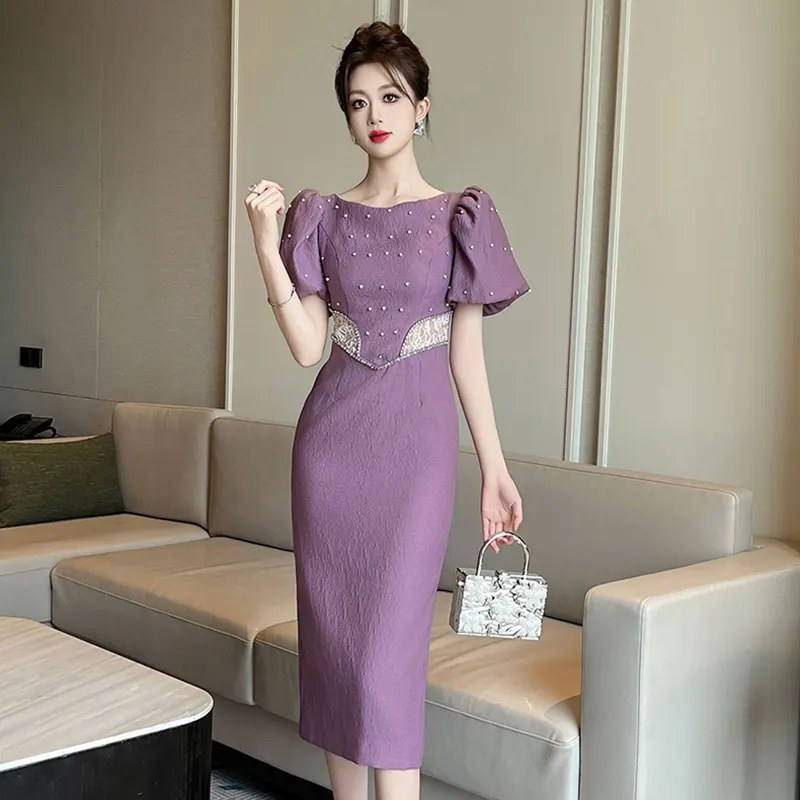 ZYHT 21148 Beads Luxury Rhinestone Long Lilac Lace Patchwork Puff Short Sleeve Evening Party Elegant Dresses for Women