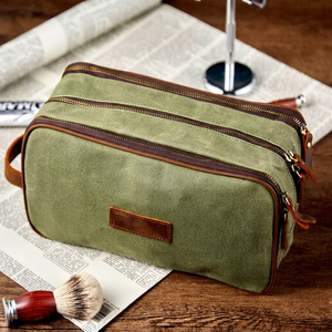 Double Zipper Leather Canvas Toiletry Bag Custom Logo Waterproof Travel Shaving Dopp Kit Cosmetic Organizer <b>Case</b> LCTB-0044E - Product Image 1