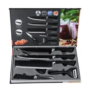 Juego de cuchillos de cocina de acero inoxidable con revestimiento antiadherente, caja de Color negro, 6 piezas