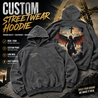 Hoodie Grafis Angel Label Pribadi OEM, Hitam Washed, Bahan Fleece Katun Tebal, Streetwear, Cetak Religius Custom, Model Pullover