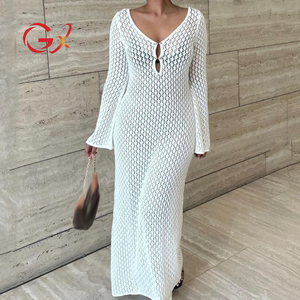 GX7278 Nuovo <span class=keywords><strong>Abito</strong></span> da Spiaggia Sexy <span class=keywords><strong>in</strong></span> <span class=keywords><strong>Maglia</strong></span> Trasparente, Scollo a V Profondo, Maniche Lunghe, <span class=keywords><strong>Schiena</strong></span> <span class=keywords><strong>Scoperta</strong></span>, Vestito Lungo - Product Image 1