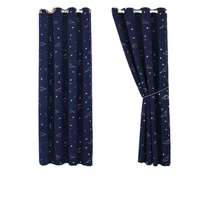 Decoration European and American style One Piece Gold Foil Printed Backout navy blue Curtains for kid room