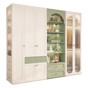Armoire moderne minimaliste crème style français, porte laquée courbée avec étagères contrastées, vitrine latérale pour rangement de chambre - Product Image 4