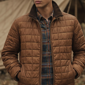 Veste matelassée vintage marron pour homme, veste d'hiver légère, vêtements de travail décontractés pour homme, fermeture éclair sur le devant, col montant - Product Image 1