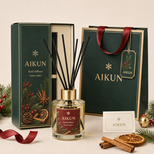 Aikun 2 Bottle Christmas Scented Glass <b>Reed</b> <b>Diffuser</b> Gift Set Packed with <b>Black</b> Fiber Sticks in Printed Box for Holiday Gifting - Product Image 3