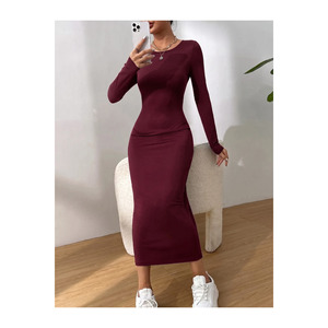 Robe crayon bordeaux à col rond pour femme, tissu corset, longueur 125 cm, tenue décontractée - Product Image 2