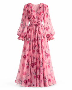 <span class=keywords><strong>Abito</strong></span> da Donna Personalizzato, Abbigliamento su Misura, Vestito Lungo Estivo Rosa Floreale con Scollo a V Profondo e <span class=keywords><strong>Maniche</strong></span> <span class=keywords><strong>Lunghe</strong></span> per Feste - Product Image 1