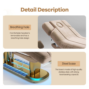 Lit de beauté spa en velours avec base en acier inoxydable doré, commande au pied, 4 moteurs électriques, pour cils et massages faciaux - Product Image 6
