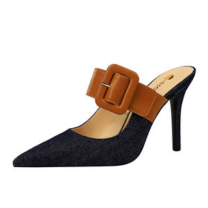 955-2 bigtree <span class=keywords><strong>scarpe</strong></span> Baotou trascinare bocca superficiale sottolineato dita dei piedi delle Donne del <span class=keywords><strong>denim</strong></span> di Colore di corrispondenza Cintura fibbia A Spillo di Alta tacchi pantofola - Product Image 3