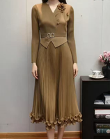 Robe longue plissée tissée pour femme avec volants, perles, col en V élégant, ceinture, manches retroussées, lavable, infroissable et écologique