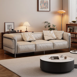 Ensemble de canapés en cuir véritable avec structure en acier inoxydable, design Bauhaus style <span class=keywords><strong>Le</strong></span> <span class=keywords><strong>Corbusier</strong></span>, pour salon ou bureau - Product Image 1