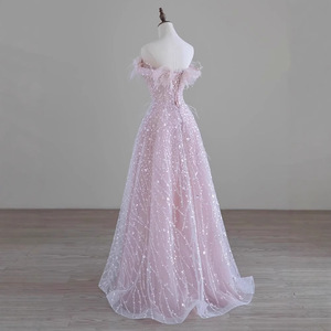 Pink Off The Shoulder Feather Evening Gown Empire Waist A Line Organza Dress For Bridal Engagement Party - Product Image 2