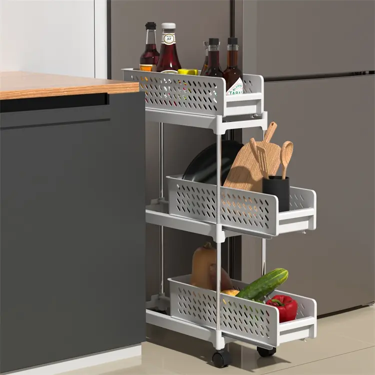 Estante de almacenamiento de cocina, organizador multicapa con diseño de cajón de plástico, de acero inoxidable