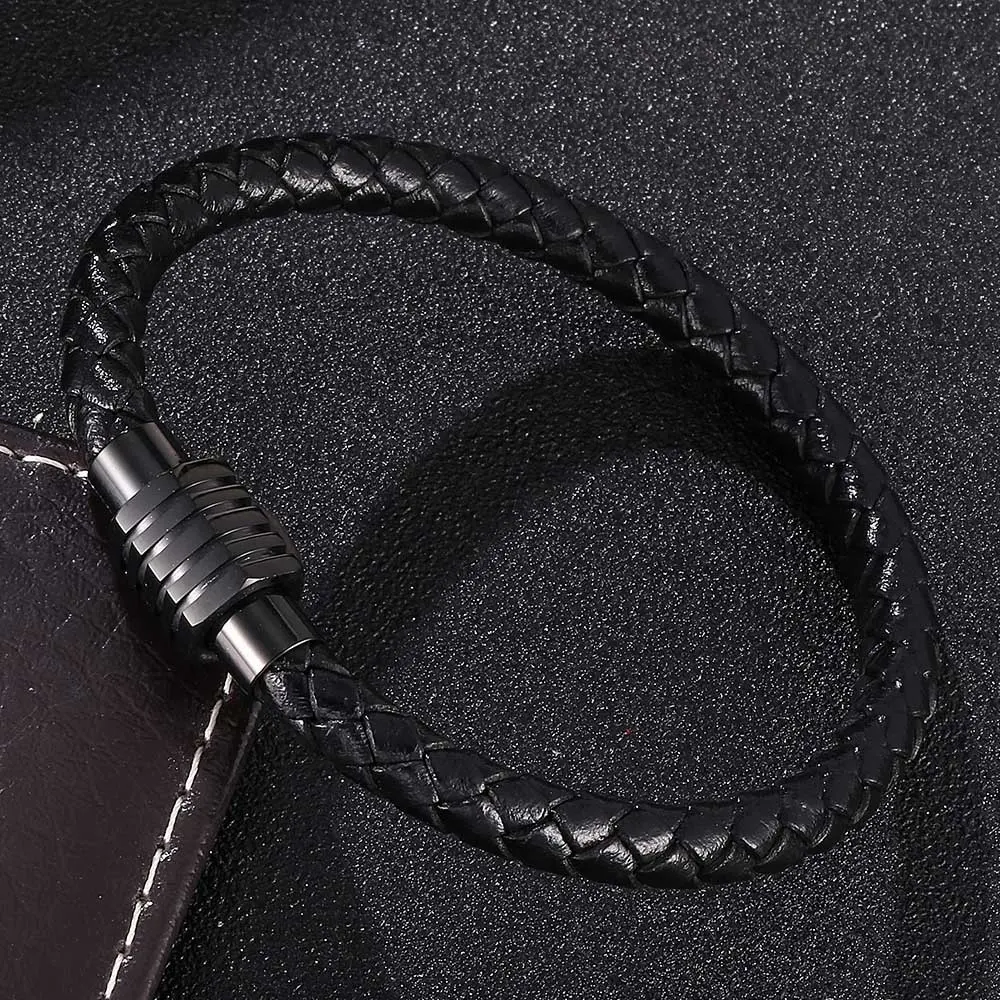 Casual Men Charm Jewelry Black Braided Leather Rope Bracelet Men Stainless Steel Magnetic Clasps Wrist Band for Male Boys Gifts