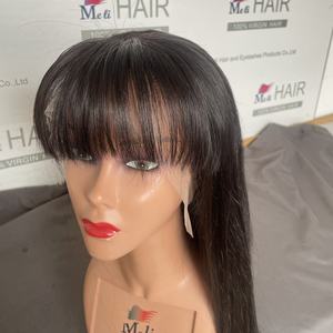 Perruque en cheveux humains naturels lisses, faite à la main, avec frange, pour femme noire, dentelle frontale transparente, 100% cheveux humains - Product Image 1