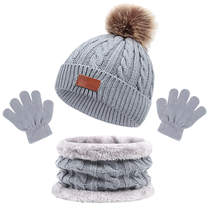 Set 3 Pezzi Invernale Caldo in Maglia Acrilica con Pompon in Pelliccia per Bambini 1-5 Anni: Cappello, Guanti e Sciarpa - Product Image 2