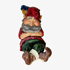 9 Inch Garden Gnome Sculpture Resin Wood Craved Gnome Figurine Sitting against a Stake Polyresin Sleeping Gnome Statue