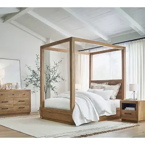 공장 직접 사용자 정의 골동품 오래 된 자연 무거운 킹 퀸 사이즈 나무 캐노피 더블 침대