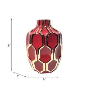 Vaso in Ceramica Geometrico Rosso con Accenti Dorati, Vaso Decorativo Moderno per Soggiorno, Ufficio, Tavolo, Camera da Letto - Product Image 2