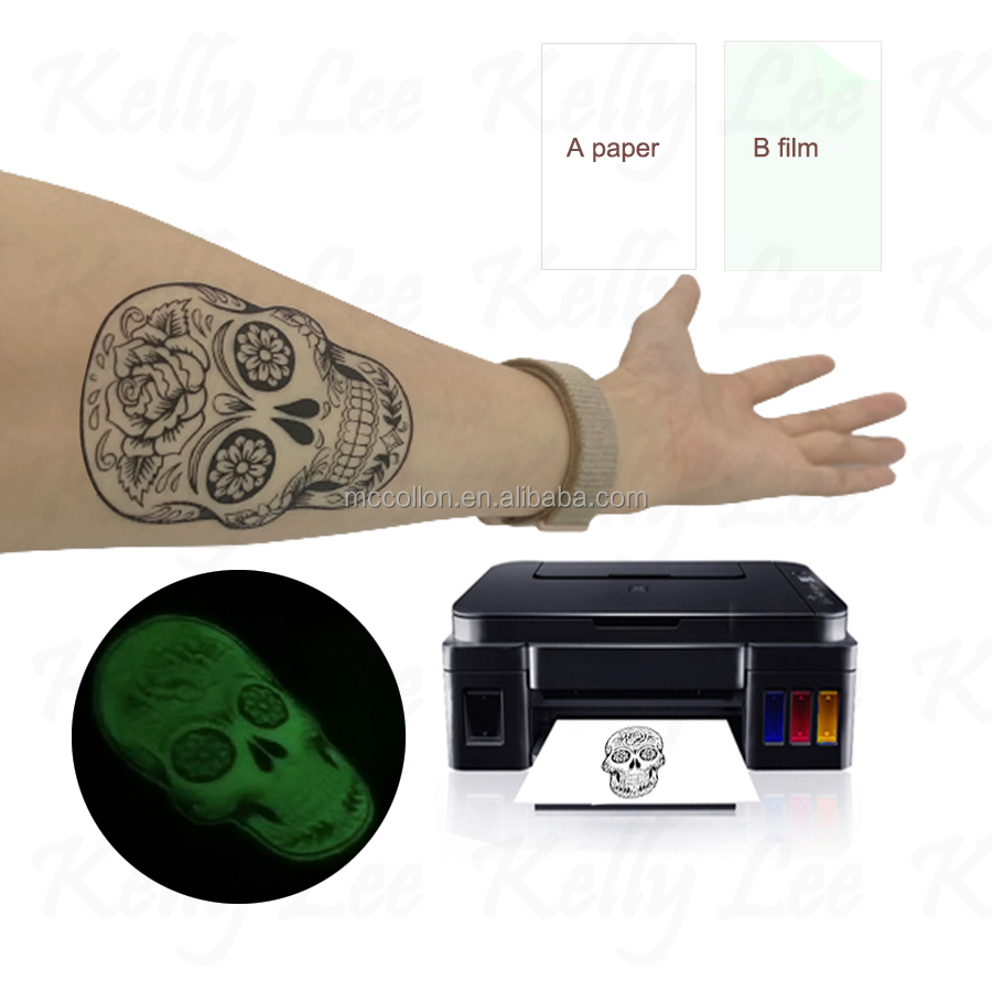 Bagliore nel buio luminosi tatuaggi temporanei per bambini A4 formato A3 carta trasferibile ad acqua stampabile con Glitter decorazione del corpo regali