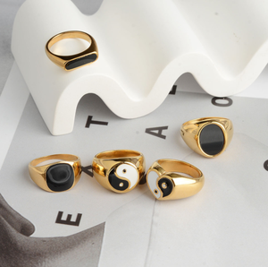 Trendy Yin Yang <strong>Signet</strong> Striped <strong>Signet</strong> <strong>Ring</strong> 18k <strong>Gold</strong> Plated Stainless Steel Chunky Statement Enamel <strong>Ring</strong> for <strong>Ladies</strong> - Product Image 1