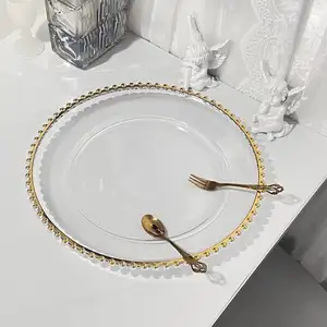 13英寸透明塑料充电板，带金珠，用于婚礼装饰的晚餐充电器套装