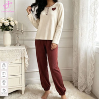 Loveda Vente Flash Ensemble de Pyjama Femme en Polaire à Rayures Côtelées avec Broderie Cœur, Haut à Manches Longues et Pantalon Droit