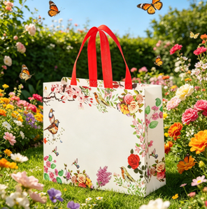 Vintage Flower Bird Non-woven <b>Gift</b> <b>Bag</b>, Waterproof Reusable Tote Handbag With <b>Red</b> Ribbon Handle for Wedding Jewelry <b>Gift</b> - Product Image 2