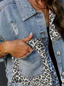 Veste en jean léopard grande taille Y2K pour femme, col boutonné, simple boutonnage, manteau en jean décontracté pour la rue - Product Image 3