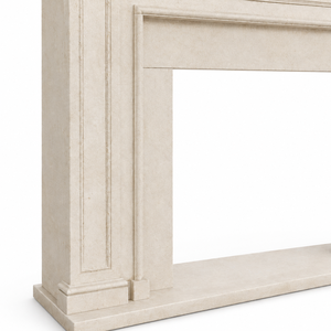Cheminée traditionnelle en marbre avec sculptures ornées, en pierre calcaire beige, foyer intérieur à bois pour salle à manger - Product Image 5