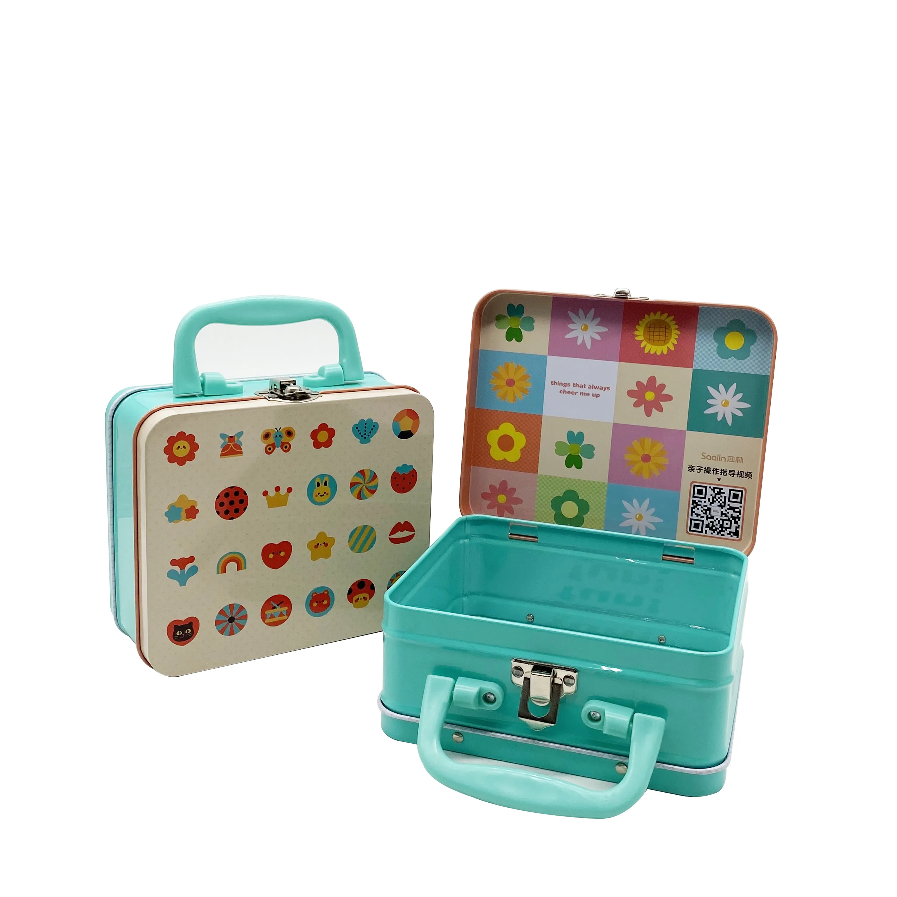 Boîte en métal rectangulaire avec logo imprimé personnalisé en usine valise cadeau boîte à lunch en étain avec poignée pour enfants