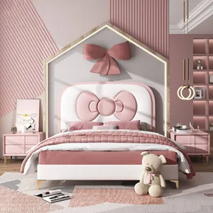 Lit Hello kitty éclairé complet Mobilier de chambre à coucher cadre de lit king size cama queen bett lit d'enfant de luxe rembourré pour filles