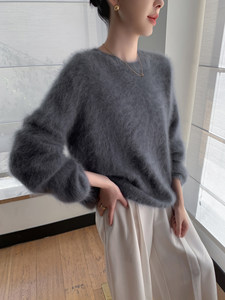 로얄 벨벳 100 마운틴 캐시미어 여성용 한국 스타일 슬림핏 니트 소매 두꺼운 고급스러운 롱헤어드 루즈 스웨터 - Product Image 1
