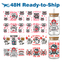 Autocollant de transfert UV DTF inodore, à peler et coller, pour gobelet, motif 'Funny Feral Raccoon Talk Trashy to Me', pour canette en verre de 16 oz