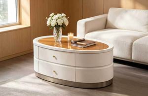 Modern <b>White</b> Oval <b>Coffee</b> <b>Table</b> with Glass Top & Drawers Luxury Living Room Storage <b>Coffee</b> <b>Table</b> - Product Image 1