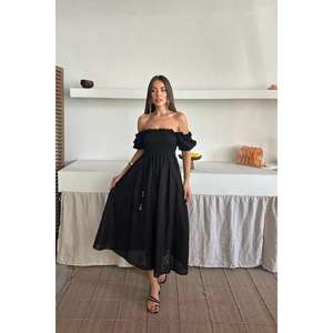 Robe élégante noire à épaules dénudées, taille élastique, coupe trapèze, dos nu, tissée, respirante, pour le quotidien et les occasions décontractées - Product Image 6