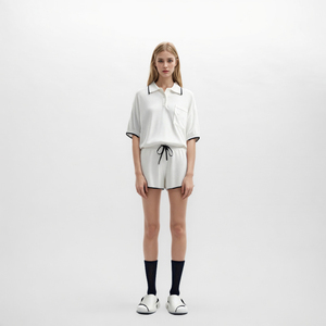 Wholesale Custom Women's White <b>Knit</b> <b>Set</b>, Lapel Short Sleeve Polo Top & Shorts, Ladies Casual Summer 2 Piece Outfit - Product Image 2