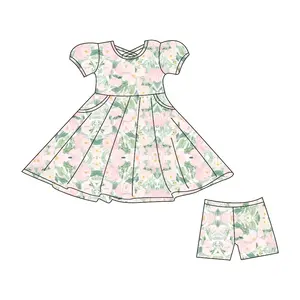 Liangzhe ODM OEM Baby Girls Wholesale Clothing Toddler Girls Summer Floral Pink Color puffy Sleeve Dress Boutique Clothing