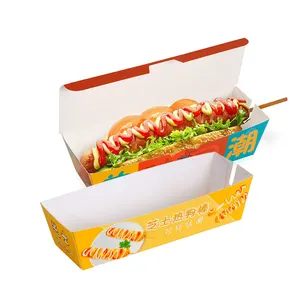 Bandeja de papel para cachorro-quente, caixa aberta personalizada à prova de gordura para hambúrguer, bandeja de papel para cachorro-quente, embalagem com tampa, melhor oferta barata por atacado