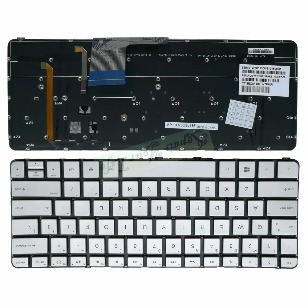 Silver replacement laptop keyboard for HP Spectre 13-3000/13t-3000 743897-001 US language with backlit