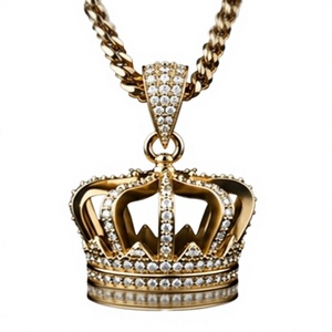 Collier pendentif couronne pour homme plaqué or 10 carats avec chaîne à maillons en cristal - Bijou tendance pour cadeau - Product Image 1