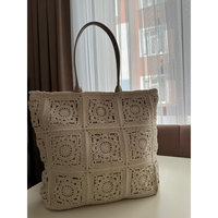 Tas Tote Rajut Kain Katun Beige Premium Buatan Tangan, Tas Selempang Granny Square Besar, Elegan Boho Musim Panas Pantai, Kancing Magnetik