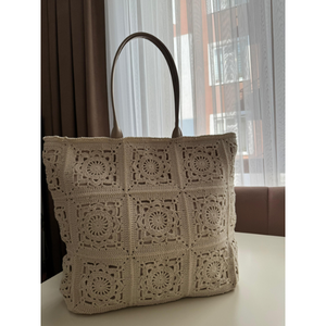 Premium Handmade Beige Crochet Tote <b>Bag</b> Large Granny Square Shoulder <b>Bag</b> Elegant <b>Boho</b> Summer Beach <b>Bag</b> - Product Image 1