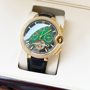 Montre élégante pour homme avec tourbillon serti de diamants : cadran multifonction et bracelet en cuir noir à motif crocodile - Product Image 2