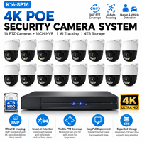 Système de caméra de sécurité PoE 16 canaux, 16 caméras PTZ 8MP 4K, CMOS, suivi humain par IA, vision nocturne couleur, audio bidirectionnel, NVR HDD