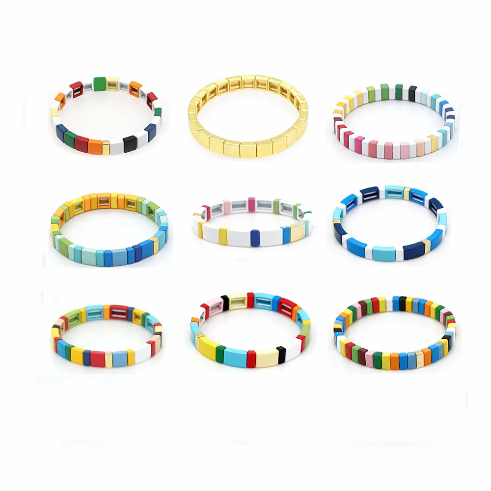 Pulseiras para casais de dia dos namorados, pulseiras simples de liga boêmia com contas de esmalte arco-íris, bracelete para mulheres