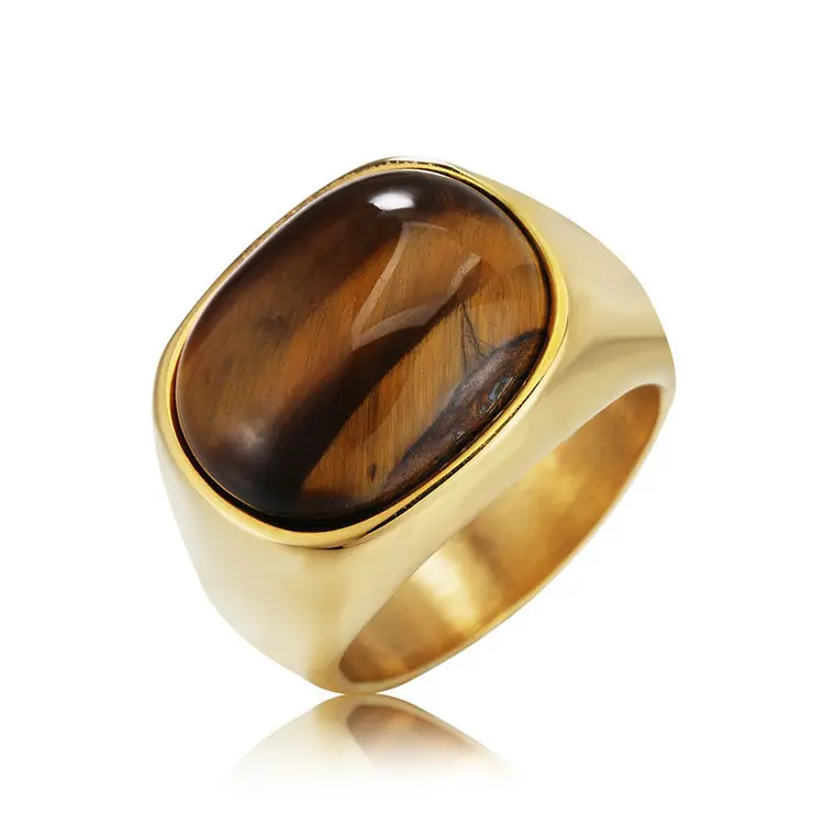 Vintage 18K Rings Tiger Eye Stone Engagement Stainless Steel Gold Ring for Women